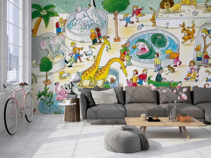 Die Fototapete Zoo, Wimmelbild für Kinder auf einer großen Wand im Loft tapeziert. Die Fototapete Zoo, Wimmelbild für Kinder wird individuell auf Deine Wand angepasst.