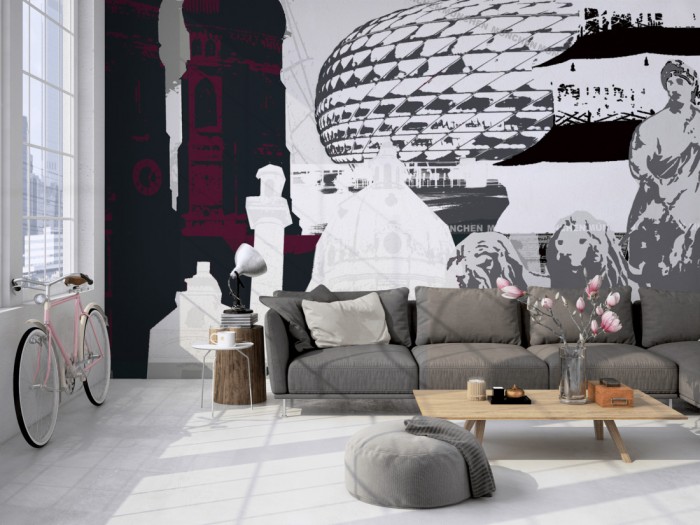 Die Design-Fototapete München Deutschland, Artwork auf einer großen Wand im Loft tapeziert. Die Design-Fototapete München Deutschland, Artwork wird individuell auf Deine Wand angepasst.