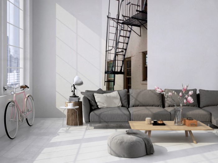 Das 3D-Fotopanel Fassade in Soho, New York tapeziert in einem Loft. Bestelle die Bildtapete für Deine Wand online.