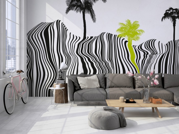 Die Design-Fototapete Palmen Strand als Barcode auf einer großen Wand im Loft tapeziert. Die Design-Fototapete Palmen Strand als Barcode wird individuell auf Deine Wand angepasst.