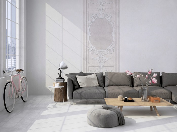 Das Design-Fotopanel Wandbild aus Stuck tapeziert in einem Loft. Bestelle die Bildtapete für Deine Wand online.