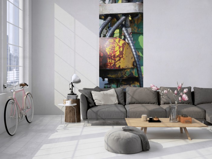 Das 3D-Fotopanel Detailbild eines alten Roboters tapeziert in einem Loft. Bestelle die Bildtapete für Deine Wand online.