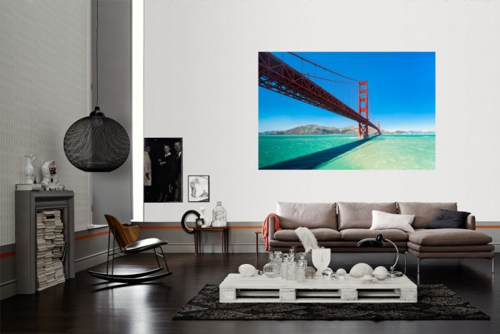 Die Fototapete Golden Gate Bridge, San Francisco als Wandbild im Wohnzimmer. Die Vlies-Fototapete Golden Gate Bridge, San Francisco verschönert als Wandbild Deine Wand.