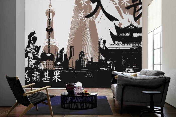 Im Wohnzimmer die Design-Fototapete Shanghai China, Artwork auf einer großen Wand tapeziert. Die Design-Fototapete Shanghai China, Artwork ist als Vlies-Fototapete im Wohnzimmer leicht zu tapezieren.