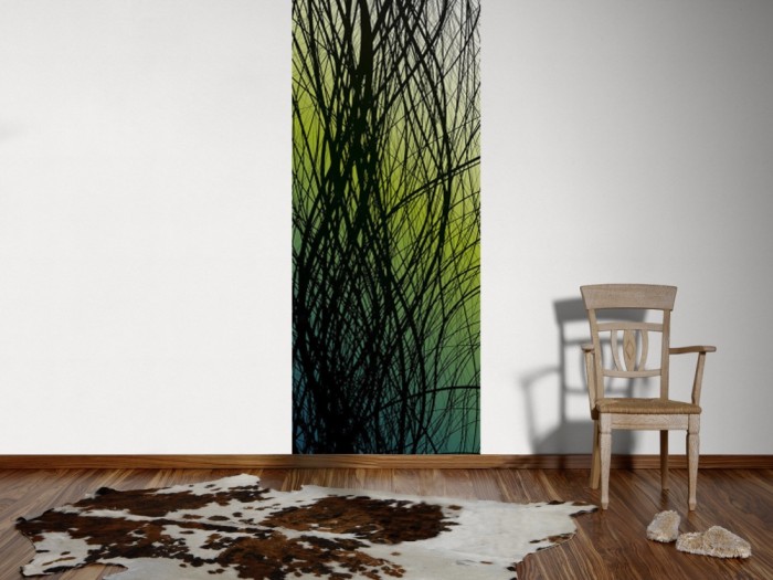 Ein Foto von dem Design-Fotopanel Feine Linien Schwarz auf Grün, Artwork tapeziert an der Wand. Bestelle Deine Bildtapete online.