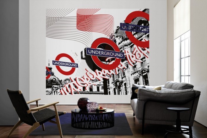 Die Designer-Fototapete Underground London, Artwork by Mylumi als große Bildtapete im Wohnzimmer. Als Bildtapete ist die Designer-Fototapete Underground London, Artwork by Mylumi ein besonderes Highlight auf Vliestapete.