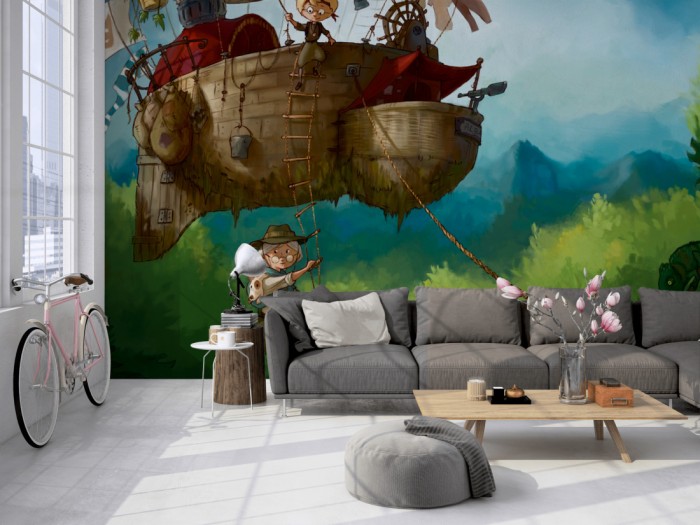 Die Fototapete Luftschiff-Abenteuer, Kindertapete auf einer großen Wand im Loft tapeziert. Die Fototapete Luftschiff-Abenteuer, Kindertapete wird individuell auf Deine Wand angepasst.