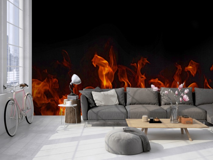 Die Fototapete Feuer und Flamme auf einer großen Wand im Loft tapeziert. Die Fototapete Feuer und Flamme wird individuell auf Deine Wand angepasst.