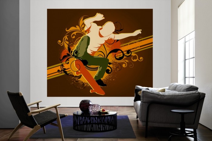 Die Design-Fototapete Skater, Artwork als große Bildtapete im Wohnzimmer. Als Bildtapete ist die Design-Fototapete Skater, Artwork ein besonderes Highlight auf Vliestapete.