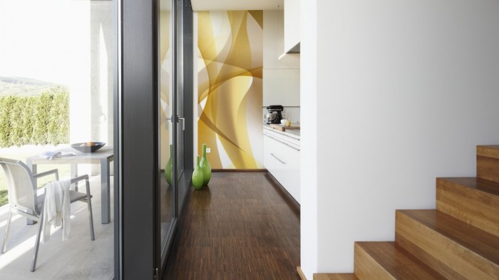 Ein Foto von dem 3D-Design-Fotopanel Plastische Formen Gold, Artwork tapeziert in der Küche. Bestelle Deine Bildtapete online.