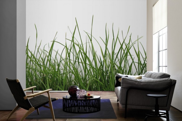 Im Wohnzimmer die Fototapete Gras in Bewegung auf einer großen Wand tapeziert. Die Fototapete Gras in Bewegung ist als Vlies-Fototapete im Wohnzimmer leicht zu tapezieren.
