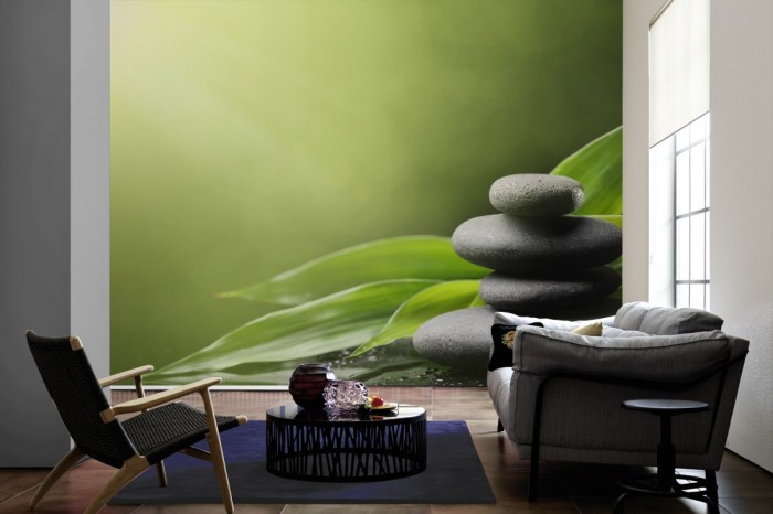 Im Wohnzimmer die Fototapete Wellness, Wellness-Steine mit grünen Blättern auf einer großen Wand tapeziert. Die Fototapete Wellness, Wellness-Steine mit grünen Blättern ist als Vlies-Fototapete im Wohnzimmer leicht zu tapezieren.