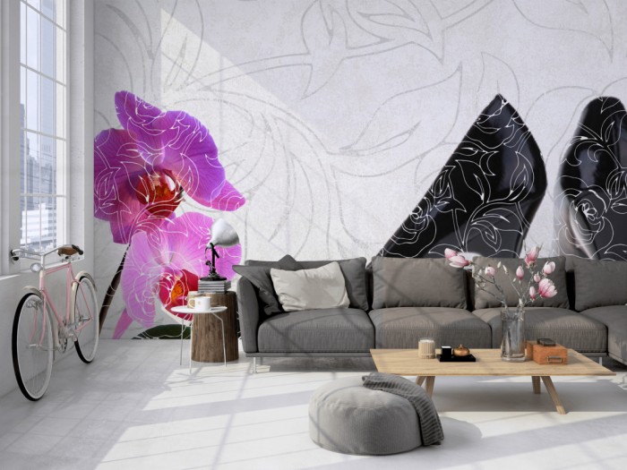 Die Design-Fototapete Orchidee und Schuhe, Artwork auf einer großen Wand im Loft tapeziert. Die Design-Fototapete Orchidee und Schuhe, Artwork wird individuell auf Deine Wand angepasst.