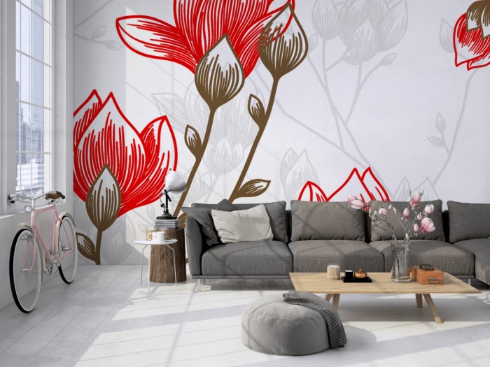 Die Design-Fototapete Magnolien, Artwork auf einer großen Wand im Loft tapeziert. Die Design-Fototapete Magnolien, Artwork wird individuell auf Deine Wand angepasst.