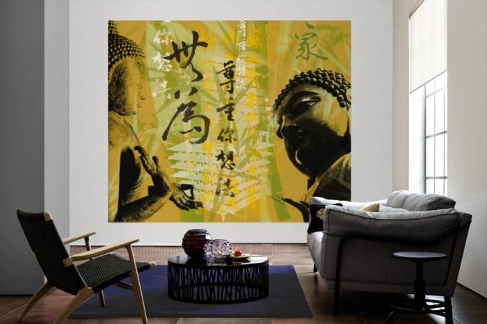 Die Designer-Fototapete Buddha, Artwork by Mylumi als große Bildtapete im Wohnzimmer. Als Bildtapete ist die Designer-Fototapete Buddha, Artwork by Mylumi ein besonderes Highlight auf Vliestapete.