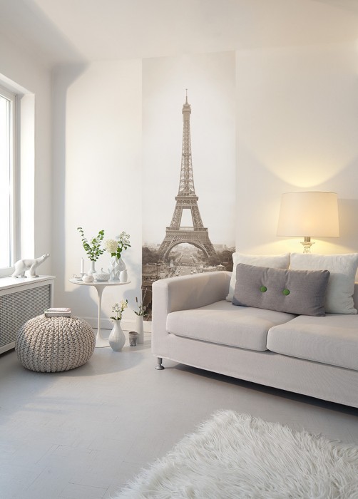 Ein Foto von dem 3D-Fotopanel Eifelturm, Paris in Sepia tapeziert im Raum. Bestelle Deine Bildtapete online.
