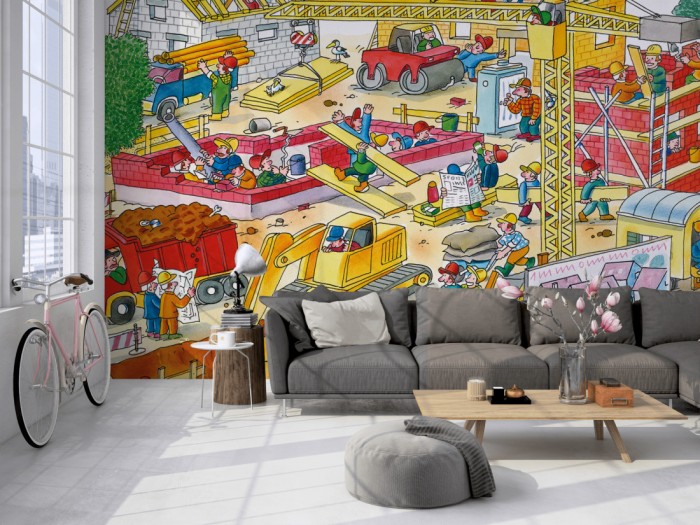 Die Fototapete Baustelle, Wimmelbild für Kinder auf einer großen Wand im Loft tapeziert. Die Fototapete Baustelle, Wimmelbild für Kinder wird individuell auf Deine Wand angepasst.