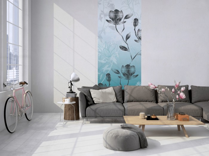 Das Design-Fotopanel Blüten in Türkis, Artwork tapeziert in einem Loft. Bestelle die Bildtapete für Deine Wand online.