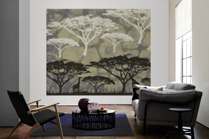 Die Designer-Fototapete Afrikas Savanne, Artwork by Mylumi als große Bildtapete im Wohnzimmer. Als Bildtapete ist die Designer-Fototapete Afrikas Savanne, Artwork by Mylumi ein besonderes Highlight auf Vliestapete.