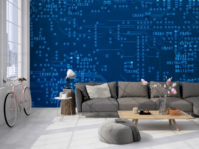 Die Design-Fototapete Elektonik, Blaue Platine auf einer großen Wand im Loft tapeziert. Die Design-Fototapete Elektonik, Blaue Platine wird individuell auf Deine Wand angepasst.