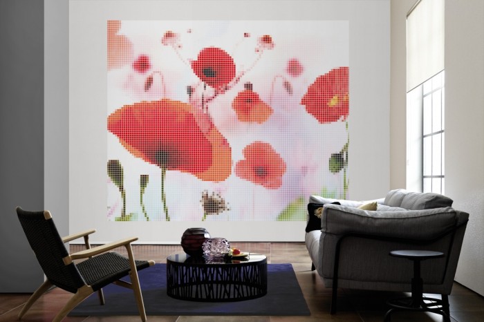 Die Design-Fototapete Geometrie Mohnblumen als große Bildtapete im Wohnzimmer. Als Bildtapete ist die Design-Fototapete Geometrie Mohnblumen ein besonderes Highlight auf Vliestapete.