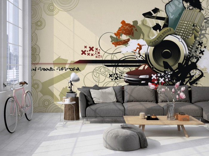 Die Design-Fototapete Urbane Musik, Artwork auf einer großen Wand im Loft tapeziert. Die Design-Fototapete Urbane Musik, Artwork wird individuell auf Deine Wand angepasst.
