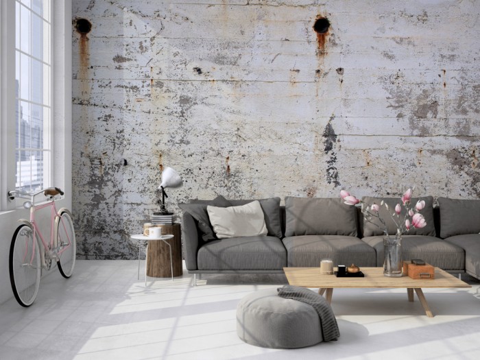 Die Fototapete Beton Wand, alte Betonplanken auf einer großen Wand im Loft tapeziert. Die Fototapete Beton Wand, alte Betonplanken wird individuell auf Deine Wand angepasst.