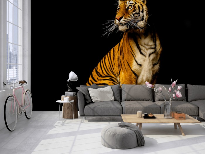 Die Fototapete Tiger, Fotografie by Mark Laita auf einer großen Wand im Loft tapeziert. Die Fototapete Tiger, Fotografie by Mark Laita wird individuell auf Deine Wand angepasst.
