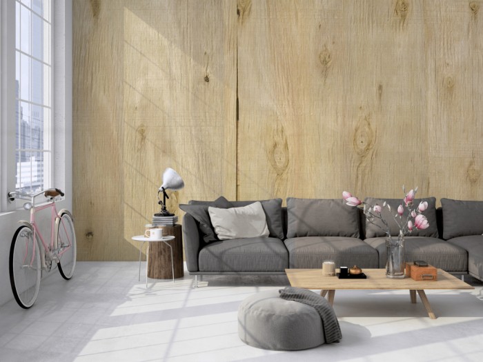 Die Fototapete Holz Wand, Holzplatten auf einer großen Wand im Loft tapeziert. Die Fototapete Holz Wand, Holzplatten wird individuell auf Deine Wand angepasst.