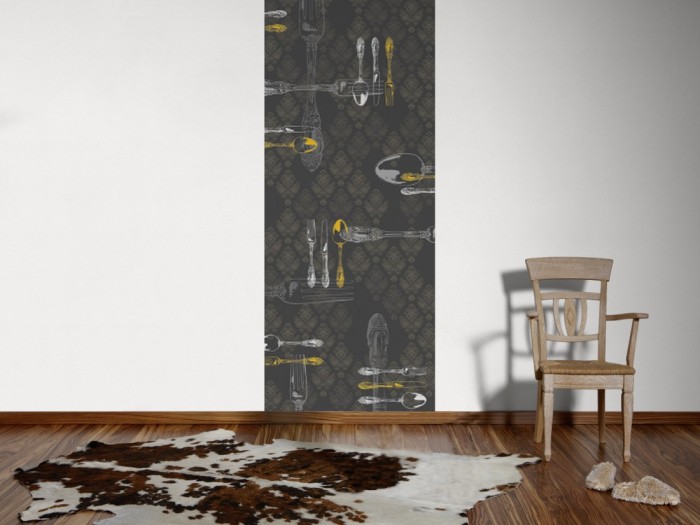 Ein Foto von dem Design-Fotopanel Besteck in Grau, Artwork tapeziert an der Wand. Bestelle Deine Bildtapete online.