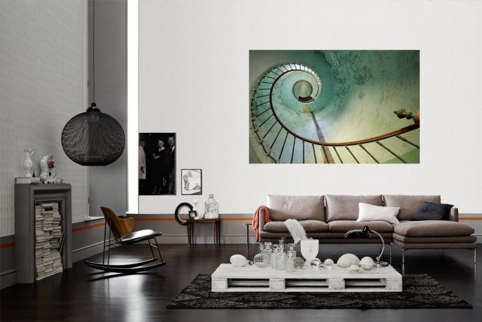 Die Fototapete Vintage Villa Treppenhaus, Lost Places als Wandbild im Wohnzimmer. Die Vlies-Fototapete Vintage Villa Treppenhaus, Lost Places verschönert als Wandbild Deine Wand.