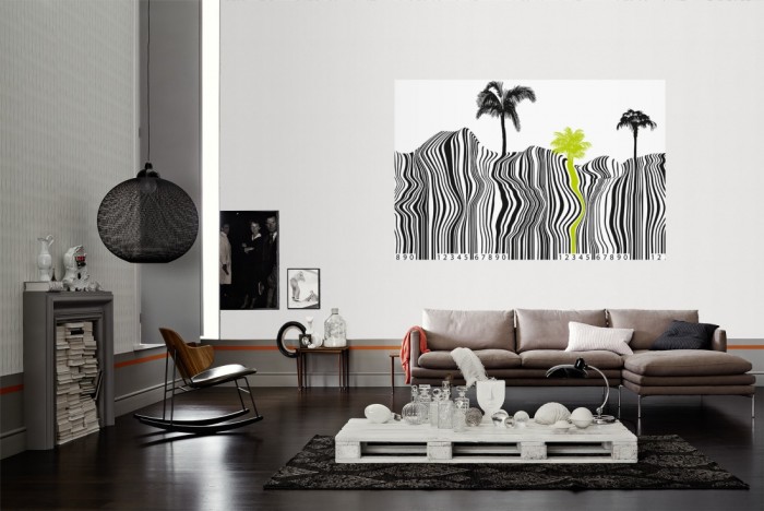 Die Design-Fototapete Palmen Strand als Barcode als Wandbild im Wohnzimmer. Die Vlies-Design-Fototapete Palmen Strand als Barcode verschönert als Wandbild Deine Wand.