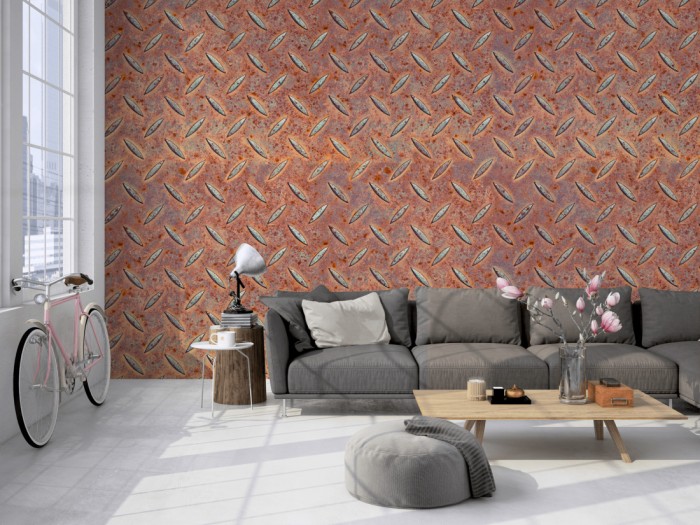 Die Fototapete Rost Wand, oxidiertes Riffelblech auf einer großen Wand im Loft tapeziert. Die Fototapete Rost Wand, oxidiertes Riffelblech wird individuell auf Deine Wand angepasst.