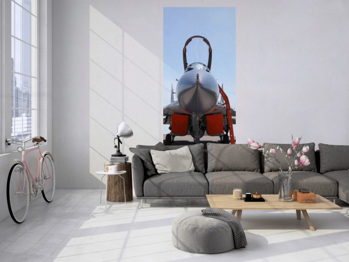 Das 3D Fotopanel MIG-Jet Militärflugzeug tapeziert in einem Loft. Bestelle die Bildtapete für Deine Wand online.