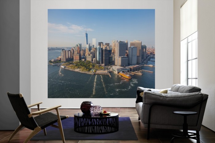 Die Fototapete Manhattan, New York, Financial District als große Bildtapete im Wohnzimmer. Als Bildtapete ist die Fototapete Manhattan, New York, Financial District ein besonderes Highlight auf Vliestapete.
