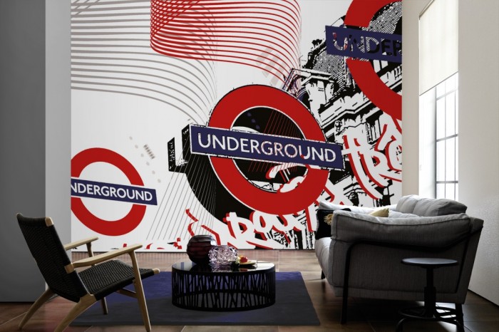 Im Wohnzimmer die Designer-Fototapete Underground London, Artwork by Mylumi auf einer großen Wand tapeziert. Die Designer-Fototapete Underground London, Artwork by Mylumi ist als Vlies-Fototapete im Wohnzimmer leicht zu tapezieren.
