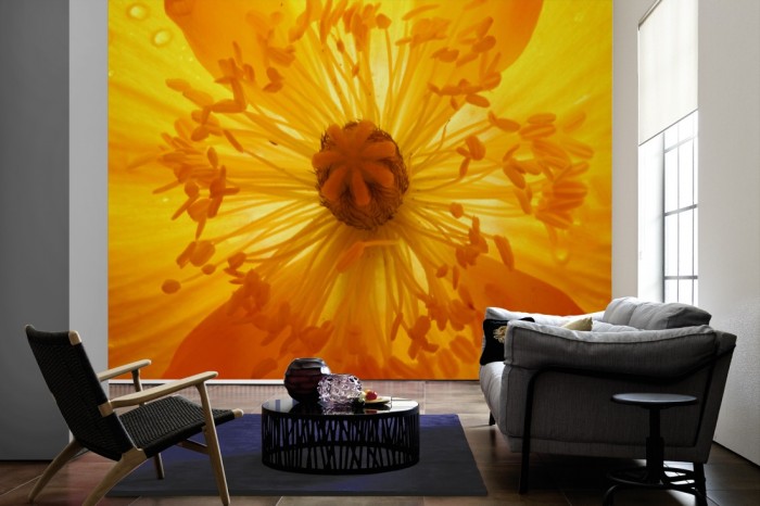 Im Wohnzimmer die Fototapete Mohn Blume in Gelb auf einer großen Wand tapeziert. Die Fototapete Mohn Blume in Gelb ist als Vlies-Fototapete im Wohnzimmer leicht zu tapezieren.