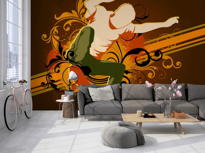 Die Design-Fototapete Skater, Artwork auf einer großen Wand im Loft tapeziert. Die Design-Fototapete Skater, Artwork wird individuell auf Deine Wand angepasst.