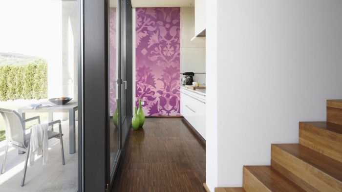 Ein Foto von dem Design-Fotopanel Moderne Ornamente Violett, Artwork tapeziert in der Küche. Bestelle Deine Bildtapete online.