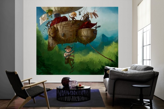 Die Fototapete Luftschiff-Abenteuer, Kindertapete als große Bildtapete im Wohnzimmer. Als Bildtapete ist die Fototapete Luftschiff-Abenteuer, Kindertapete ein besonderes Highlight auf Vliestapete.