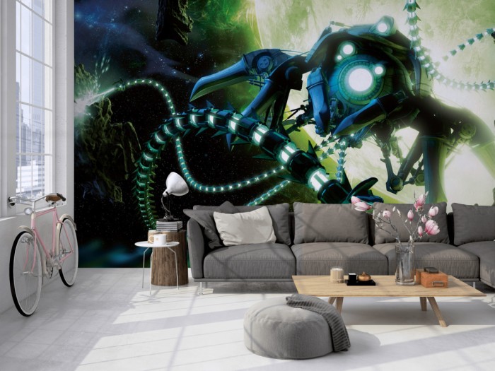 Die Fototapete Roboter im Weltraum, Science Fiction auf einer großen Wand im Loft tapeziert. Die Fototapete Roboter im Weltraum, Science Fiction wird individuell auf Deine Wand angepasst.