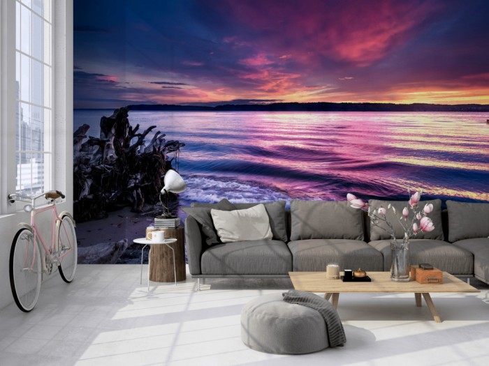 Die Fototapete Bucht in Washington bei Sonnenuntergang auf einer großen Wand im Loft tapeziert. Die Fototapete Bucht in Washington bei Sonnenuntergang wird individuell auf Deine Wand angepasst.