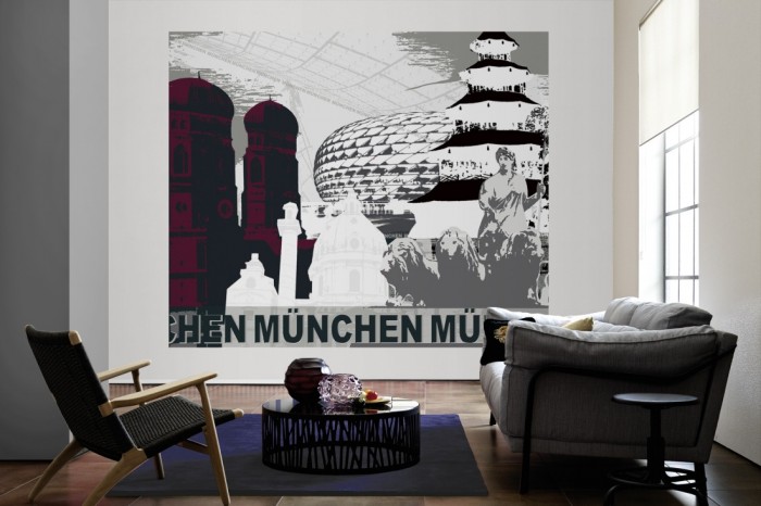 Die Design-Fototapete München Deutschland, Artwork als große Bildtapete im Wohnzimmer. Als Bildtapete ist die Design-Fototapete München Deutschland, Artwork ein besonderes Highlight auf Vliestapete.