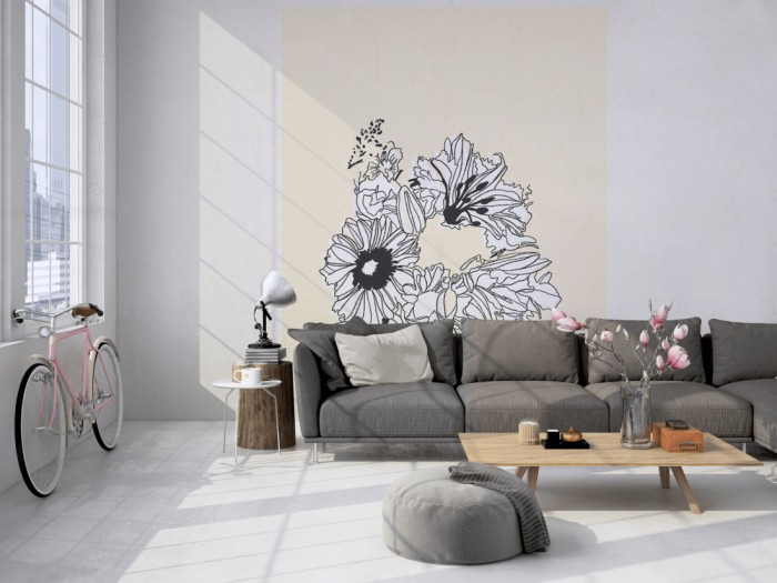 Das Design-Fotopanel Flower-Power Blüte Creme tapeziert in einem Loft. Bestelle die Bildtapete für Deine Wand online.