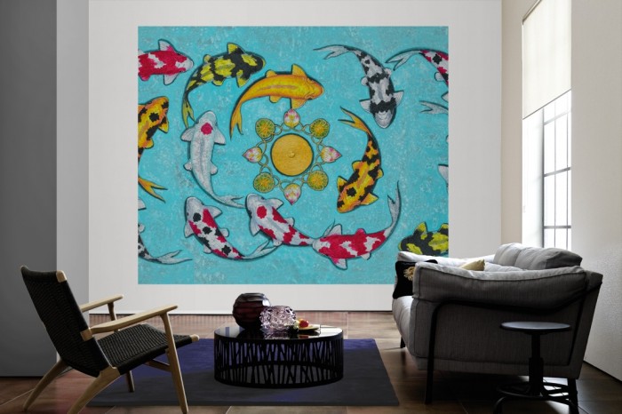 Die Design-Fototapete Koi Fische, Artwork als große Bildtapete im Wohnzimmer. Als Bildtapete ist die Design-Fototapete Koi Fische, Artwork ein besonderes Highlight auf Vliestapete.