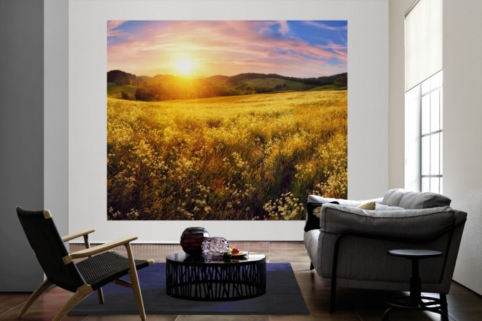 Die Fototapete Natur Panorama im Sonnenuntergang als große Bildtapete im Wohnzimmer. Als Bildtapete ist die Fototapete Natur Panorama im Sonnenuntergang ein besonderes Highlight auf Vliestapete.