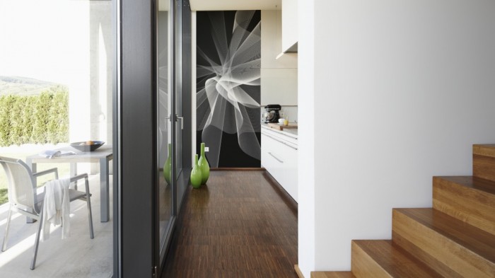 Ein Foto von dem 3D-Design-Fotopanel Plastische Form Schwarz, Artwork tapeziert in der Küche. Bestelle Deine Bildtapete online.