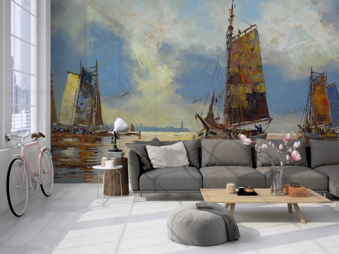 Die Fototapete Kunst, Ölgemälde Schiffe im Meer auf einer großen Wand im Loft tapeziert. Die Fototapete Kunst, Ölgemälde Schiffe im Meer wird individuell auf Deine Wand angepasst.