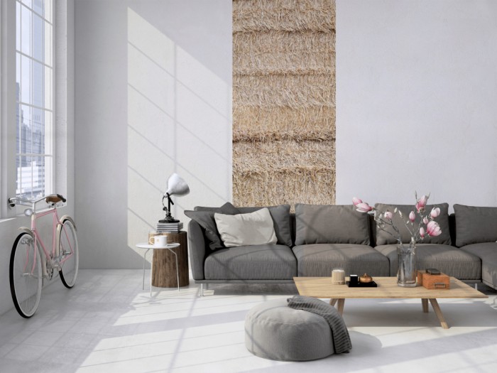 Das 3D-Fotopanel Heuballen, Heu am Bauernhof tapeziert in einem Loft. Bestelle die Bildtapete für Deine Wand online.