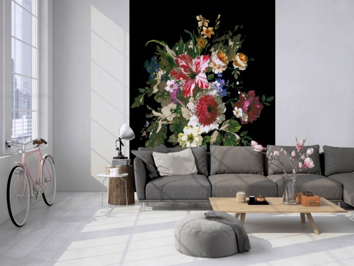 Das Design-Fotopanel Blumen-Bouquet schwarz von Joop tapeziert in einem Loft. Bestelle die Bildtapete für Deine Wand online.